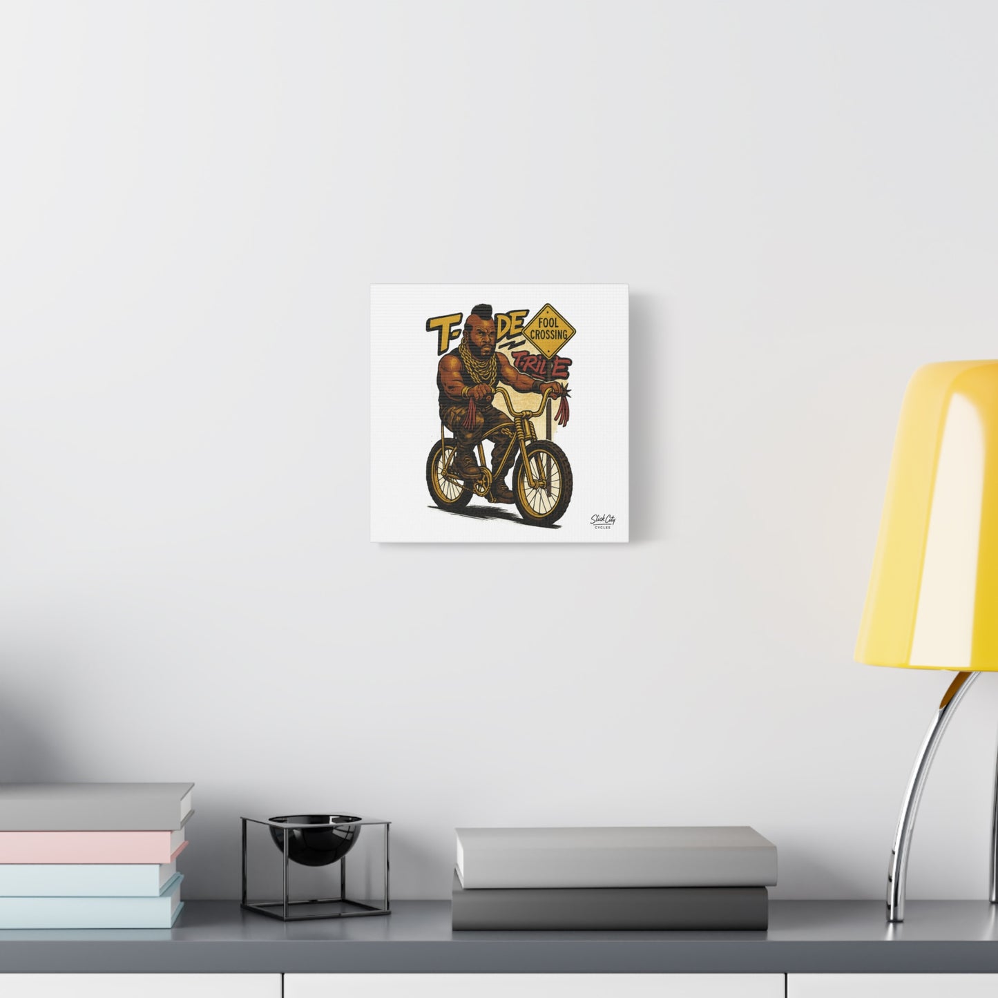 Pity the Pedals – Gold Chopper Bicycle Street Poster | Comic-Inspired 80s Pop Wall Art