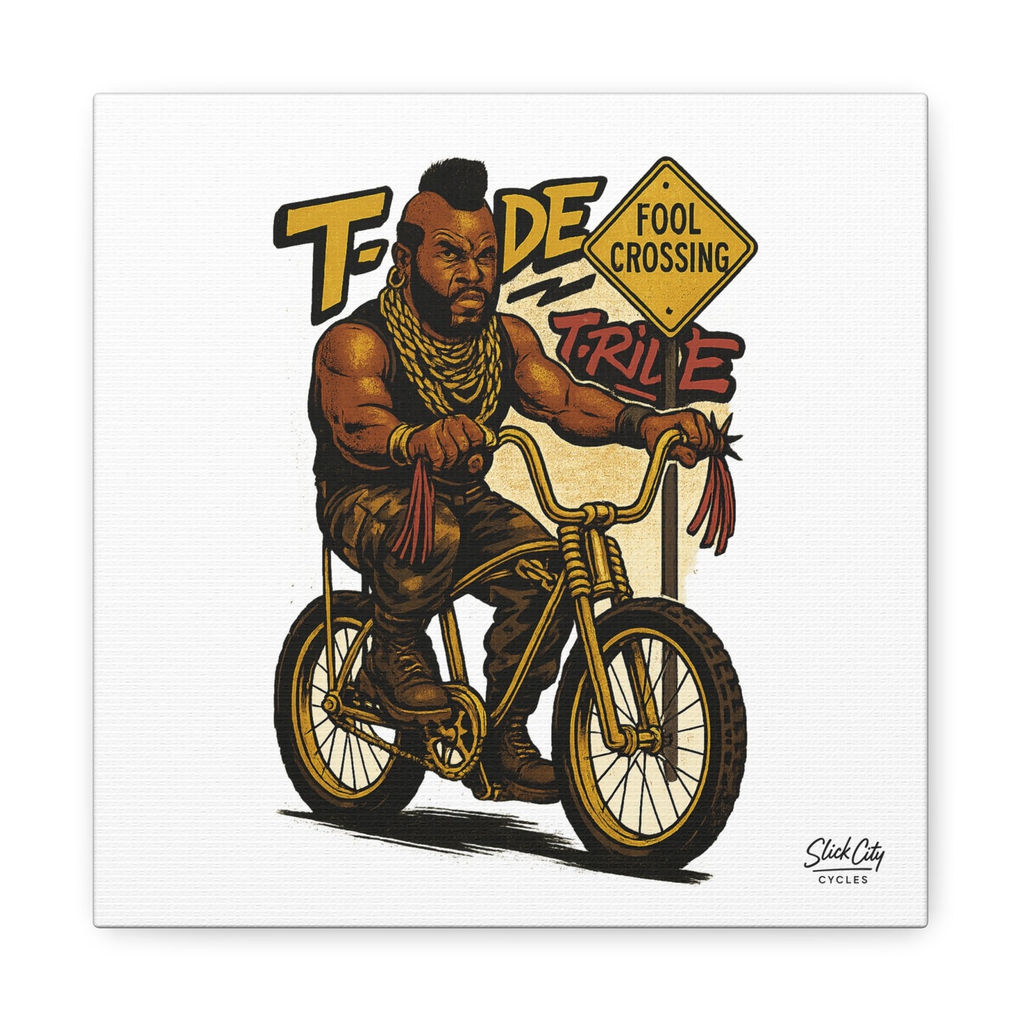 Pity the Pedals – Gold Chopper Bicycle Street Poster | Comic-Inspired 80s Pop Wall Art